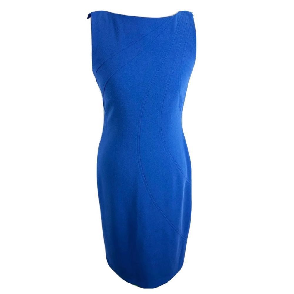 David Meister Women's Blue Sheath Dress Accent Seam Swirls Lined Sleeveless 8